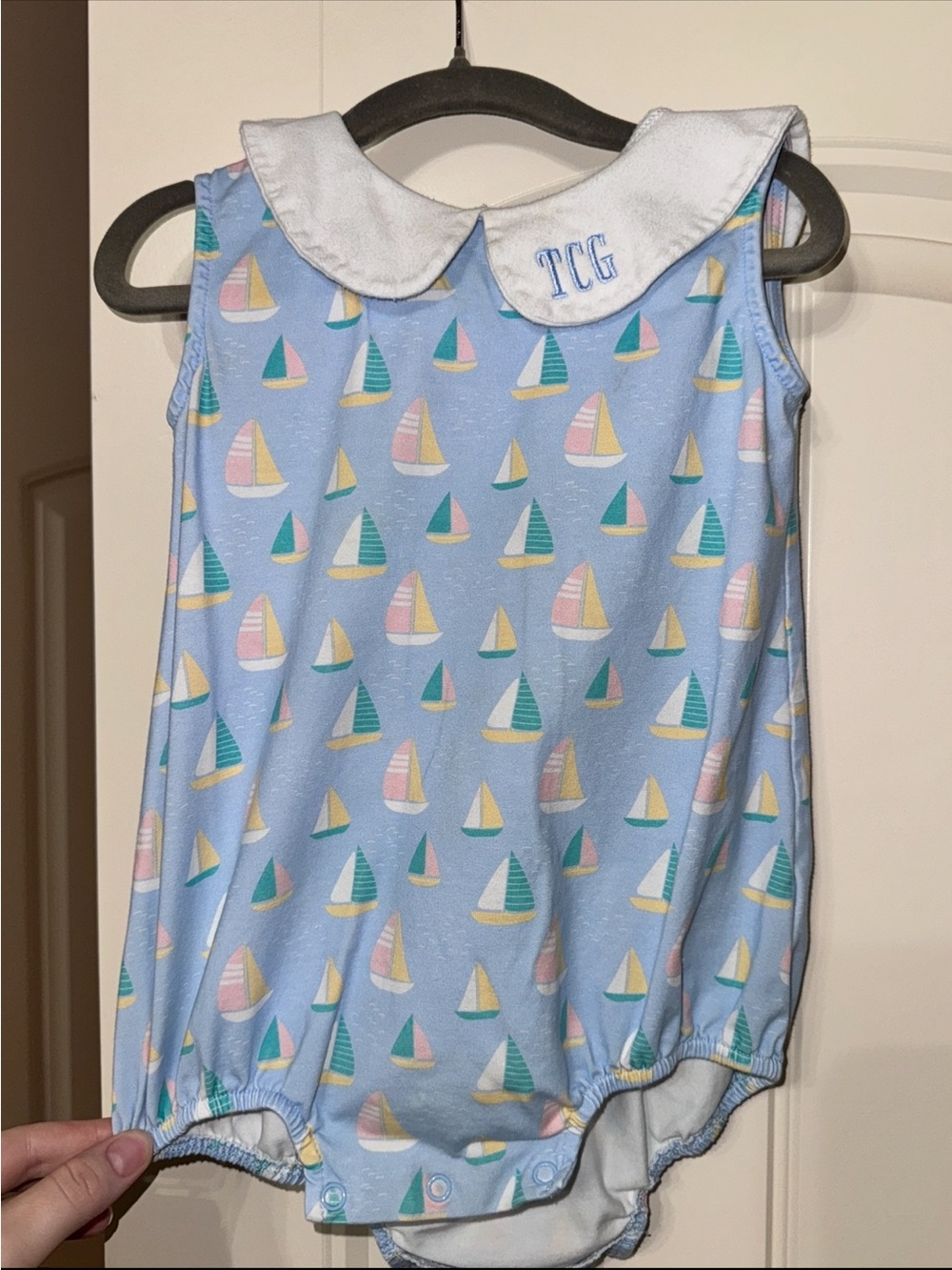 Cecil and Lou Sailboat Patterned Sleeveless bubble - boy or girl - TCG initials